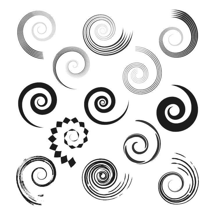 Vettore set vettoriale di elementi a spirale vari stili in nero disegni a vortice decorativi forme astratte artistiche