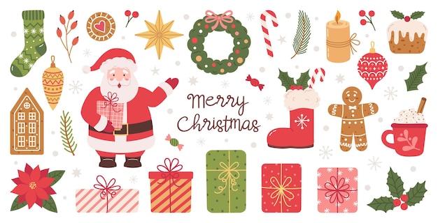 Set vettoriale di elementi e decorazioni natalizie corona di Natale regali di aceto