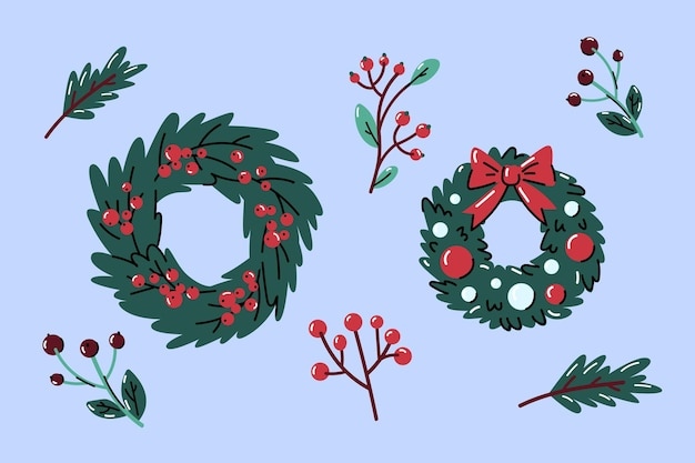 Set vettoriale di elementi vegetali e ghirlande di Natale Decorazioni tradizionali festive luminose