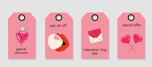 Set vettoriale di etichette a prezzo scontato Etichette con adesivi d'amore Vendita del giorno di San Valentino