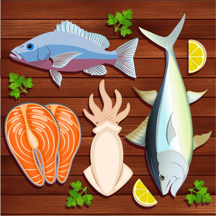 Vettore set vettoriale di frutti di mare di icona di illustrazione vettoriale cibo per pesci su sfondo marrone in legno