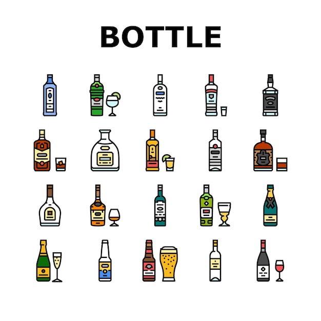 Set vettoriale di icone di bar di bevande in bottiglia di alcol