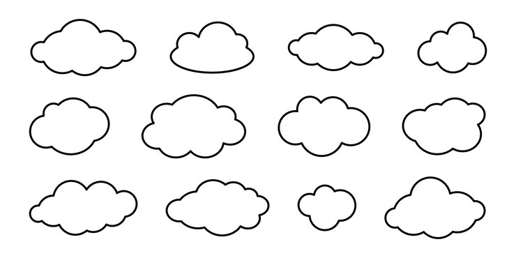 Set vettoriale di nuvole a contorno doodle Collezione di nuvole semplici in contorno nero