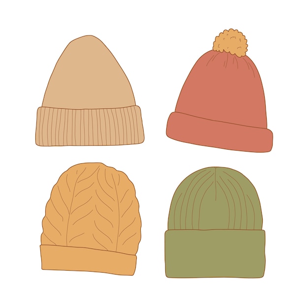 Set vettoriale di quattro cappelli invernali in stile line art minimalista Diversi disegni di cappelli a maglia