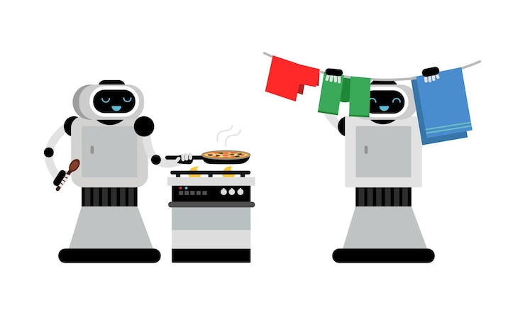 Vettore set vettoriale di robot di pulizia che svolgono le faccende domestiche