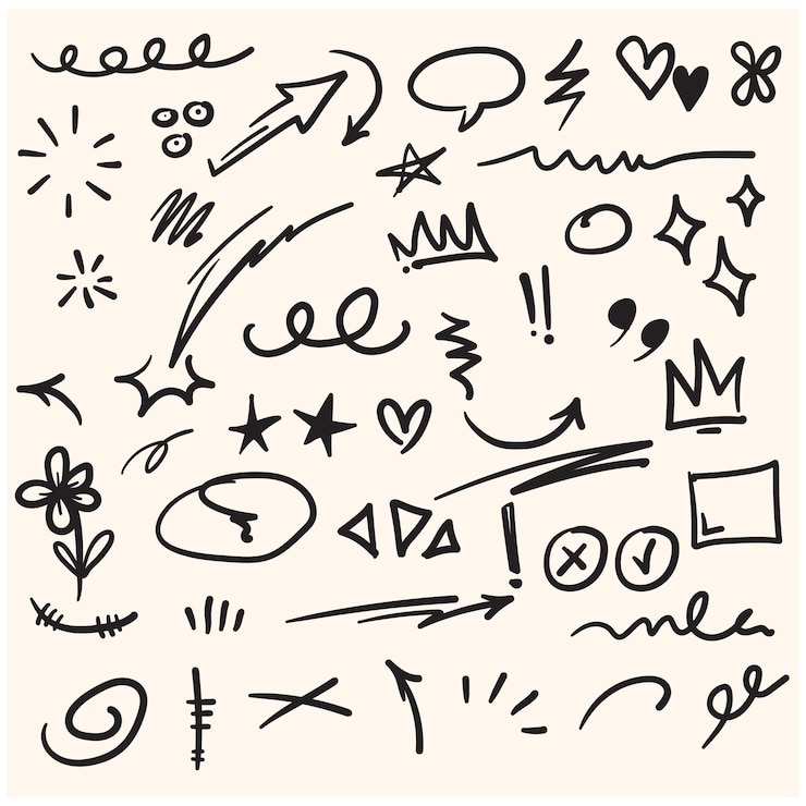 Vettore set vettoriale di scarabocchi di segni d'espressione cartoni animati disegnati a mano con scrivania in stile illustrazione e line art