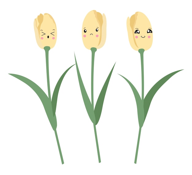 Set vettoriale di tulipani gialli isolati Tulipani in stile kawaii