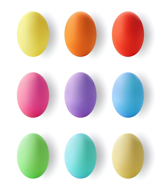 Set vettoriale di uova di Pasqua realistiche colorate su uno sfondo bianco Uova di Pascua per la creazione di schede di Pasqua