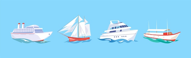 Set vettoriale di yacht e barche in acqua di mare blu