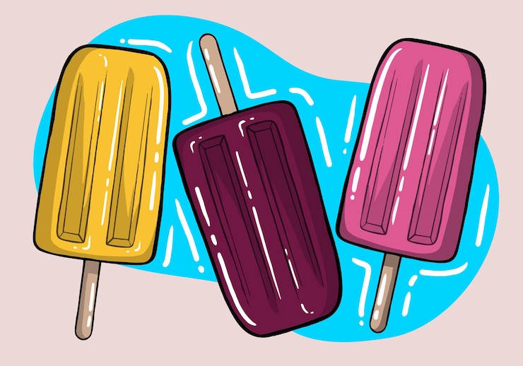 Vettore set vettoriale disegnato a mano per gelati rinfrescanti, tre gelati al cioccolato luminosi su un bastoncino di legno