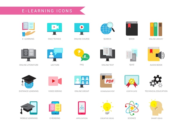 Set vettoriale icone elearning Icona dello studio elearning educativo con il logo del messaggio delle app tecnologiche