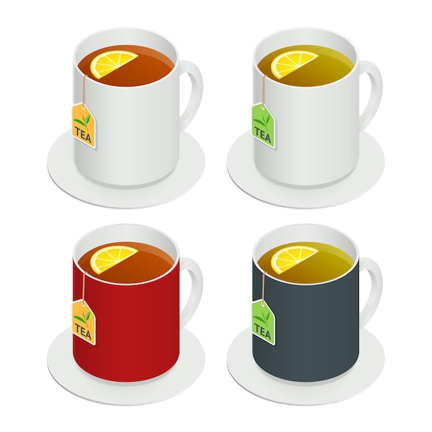 Set vettoriale isometrico di tazze in ceramica multicolore con tè e un pezzo di limone su sfondo bianco. Bere Illustrazione vettoriale moderna per web e dispositivi mobili. Icona piana.
