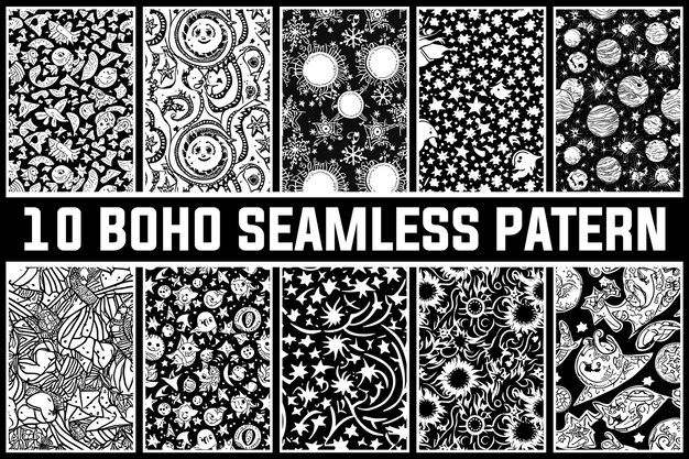 Set vettoriale libero di bianco e nero 10 Abstract Ethnic Boho Seamless Pattern