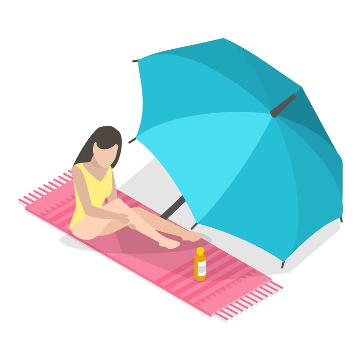 Vettore set vettoriale piatto isometrico 3d di scene di routine per la cura della pelle che trascorrono del tempo in spiaggia, elemento 3