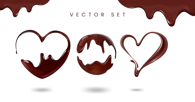 Vettore set vettoriale realistico di cioccolato sullo sfondo del cuore di cioccolate