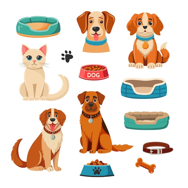 Set vettoriale sul tema degli animali domestici Gatti cani munizioni per animali