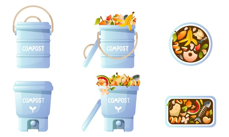 Set vettoriale sul tema del compost organico eco giardinaggio compost agricoltura compost bin cibo