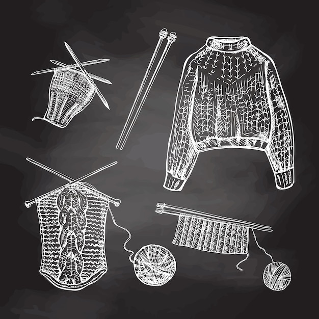 Set vintage di oggetti lavorati a maglia disegnati a mano nel processo di lavorazione a maglia su sfondo lavagna