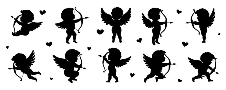 Vettore setta romantica di silhouette di cupido con archi, frecce e cuori perfetta per i biglietti di san valentino