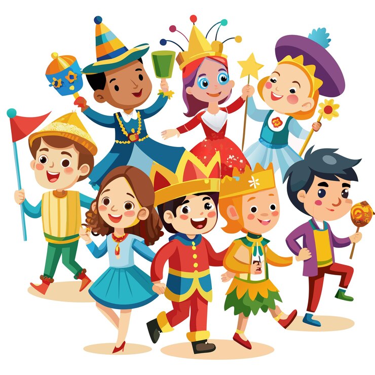 Vettore sette bambini vestiti con costumi colorati e corone per una festa o un carnevale