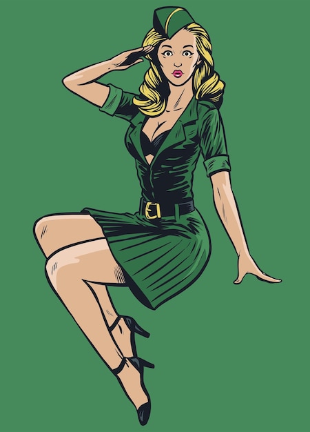Sexy ragazza pinup militare in stile disegno vintage