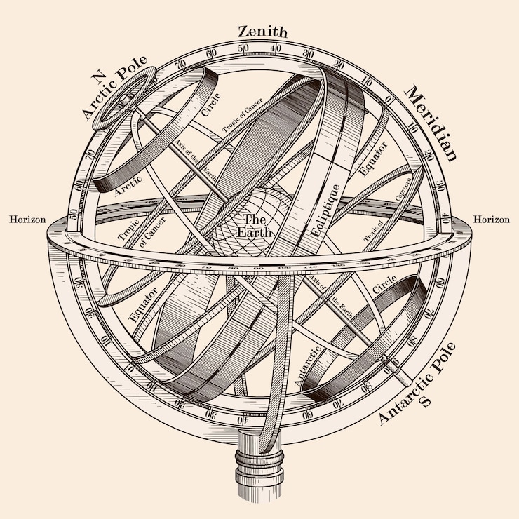 Vettore sfera armillare modello della terra nello spazio oggetto isolato su sfondo beige