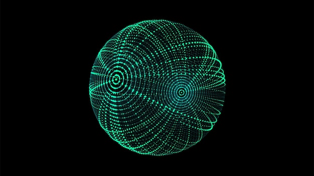 Sfera verde astratta su sfondo nero Struttura circolare a telaio filoso con particelle luminose Illustrazione digitale futuristica Illustrazione vettoriale