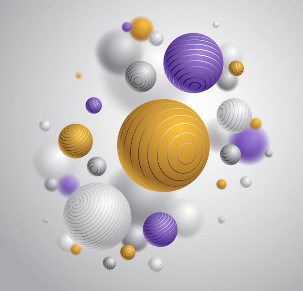 Sfere allineate realistiche illustrazione vettoriale, sfondo astratto con bellissime palline con linee ed effetto profondità di campo, globi 3D design concept art.