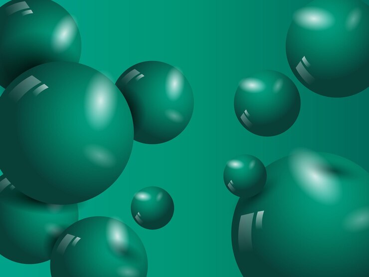 Sfere dinamiche 3d che cadono e volano su sfondo verde