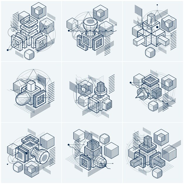 Sfondi astratti isometrici, layout vettoriale 3d. Composizioni di cubi, esagoni, quadrati, rettangoli e diversi elementi astratti. Collezione vettoriale.