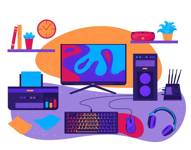 Sfondi di composizione computazionale piatti disegnati a mano con accessori per computer.
