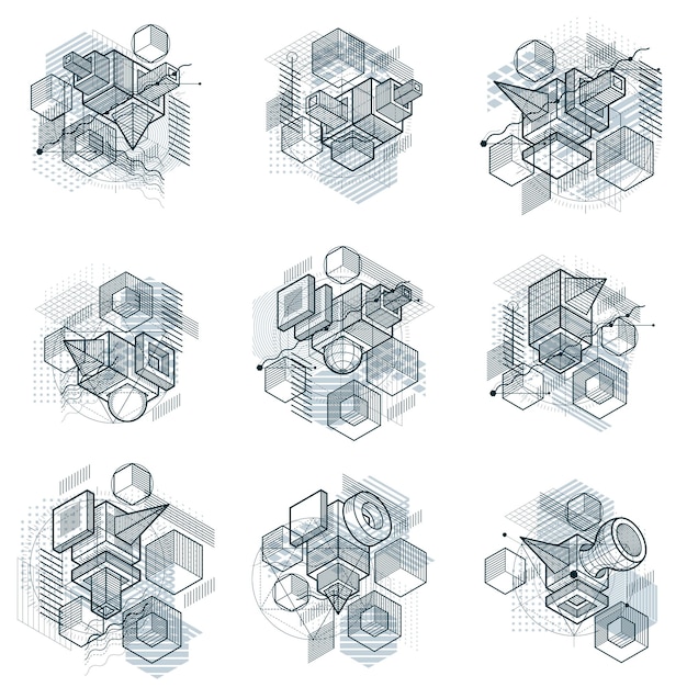 Sfondi isometrici astratti, layout vettoriale 3d. Composizioni di cubi, esagoni, quadrati, rettangoli e diversi elementi astratti. Raccolta vettoriale.