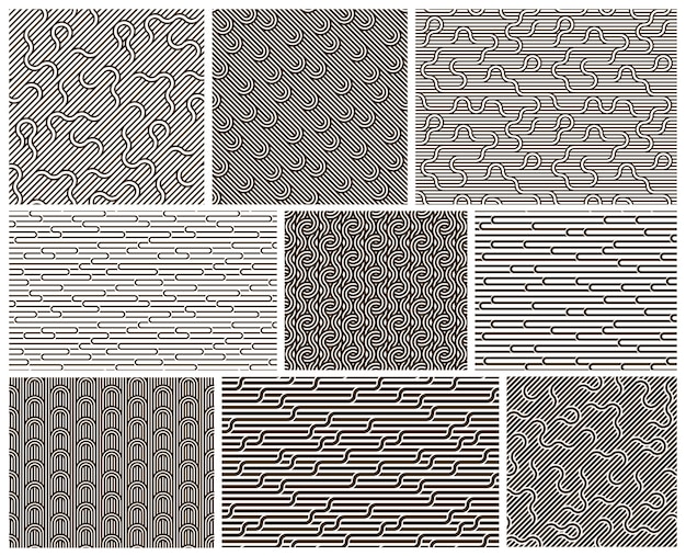 Sfondi lineari senza cuciture con linee contorte vettoriali modelli geometrici astratti impostati rete di labirinto ottico a strisce