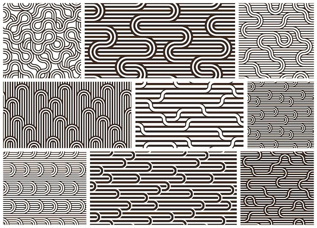Sfondi lineari senza soluzione di continuità con linee intrecciate, set di motivi geometrici astratti vettoriali, tessitura a righe, labirinto ottico, rete web.