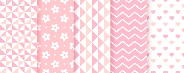 Sfondi per bambini senza soluzione di continuità. Modello rosa. Stampe geometriche per neonata. Vettore. Set di texture pastello per bambini. Simpatico sfondo infantile con zigzag, triangoli, fiori e cuori. Illustrazione moderna.