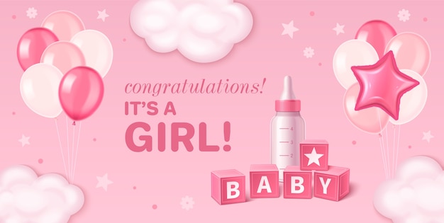 Sfondi realistici per baby shower per ragazze con palloncini, nuvole e giocattoli per bambini