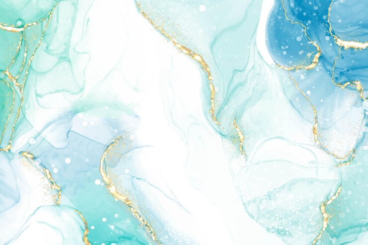 Vettore sfondio acquerello di marmo liquido a menta cian pastello con linee dorate e macchie di pennello tinta alcolica marmorizzata turchese effetto disegno illustrazione vettoriale sfondo invito a nozze in acquerello
