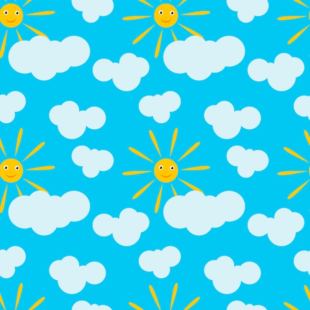 Sfondio blu senza cuciture per bambini con sole e nuvole Grafica vettoriale