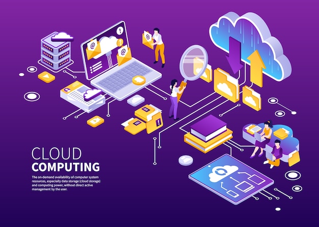 Sfondio dei servizi di cloud computing in stile isometrico