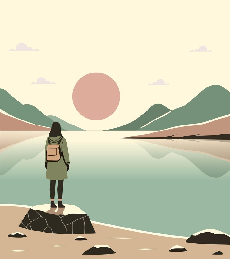 Sfondio della donna in piedi su una roccia che guarda il lago Disegno minimalista