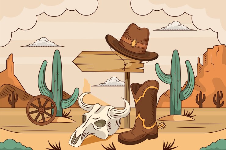 Vettore sfondio di composizione di cowboy piatto disegnato a mano con paesaggio del selvaggio ovest