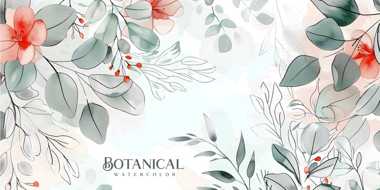 Vettore sfondio floreale disegnato a mano carta da parati botanica con fiori, rami e foglie di eucalipto progettazione in tonalità rosse e verdi acquerello consistenza per stampe di bandiere arte murale e decorazione della casa