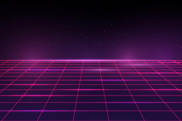 Sfondio futuristico in stile anni '80 con griglia neon rosa e cielo stellato
