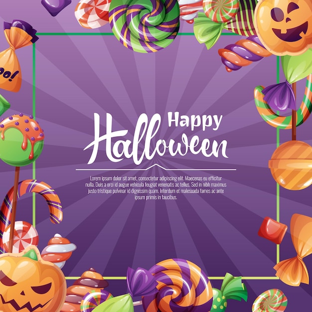Sfondio vettoriale per invito di Halloween o biglietto di auguri invito di vacanza Trick or Treat Poster banner con biscotti di zucca caramelle spaventose dolci dolci biscotti lecca-lecca
