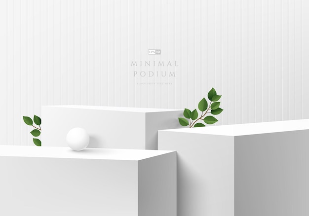 Sfondo 3D astratto Realistico bianco grigio gradini cubo box supporto podio o scrivania con foglia verde