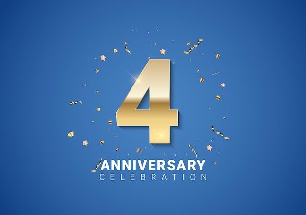 Sfondo 4 anniversario con numeri dorati, coriandoli, stelle su sfondo blu brillante. Illustrazione vettoriale Eps10