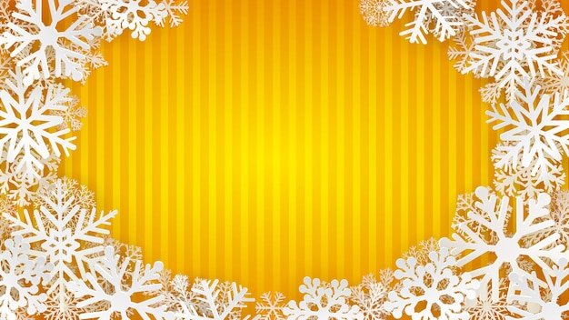 Sfondo a righe nei colori gialli con fiocchi di neve bianchi