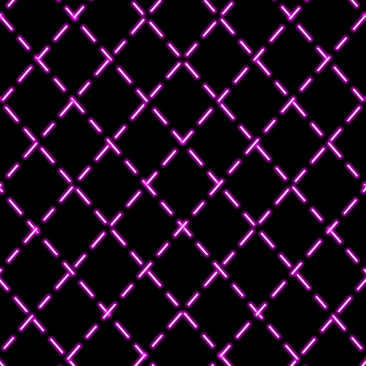 Vettore sfondo al neon. griglia viola su sfondo nero. rombi luminosi da linee tratteggiate