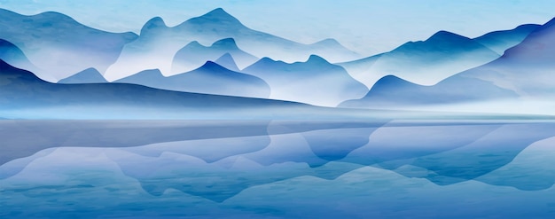 Sfondo artistico ad acquerello con montagne e colline nei toni del blu freddo Banner nord del paesaggio per la stampa di carta da parati di interior design