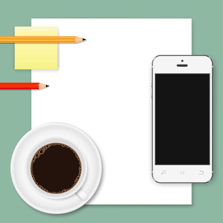 Vettore sfondo astratto business di foglio di carta bianco, smartphone, tazza di caffè e matite